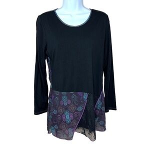 Medium Black Mesh Jacquard Print Purple Teal Stretch Long Sleeve Boho